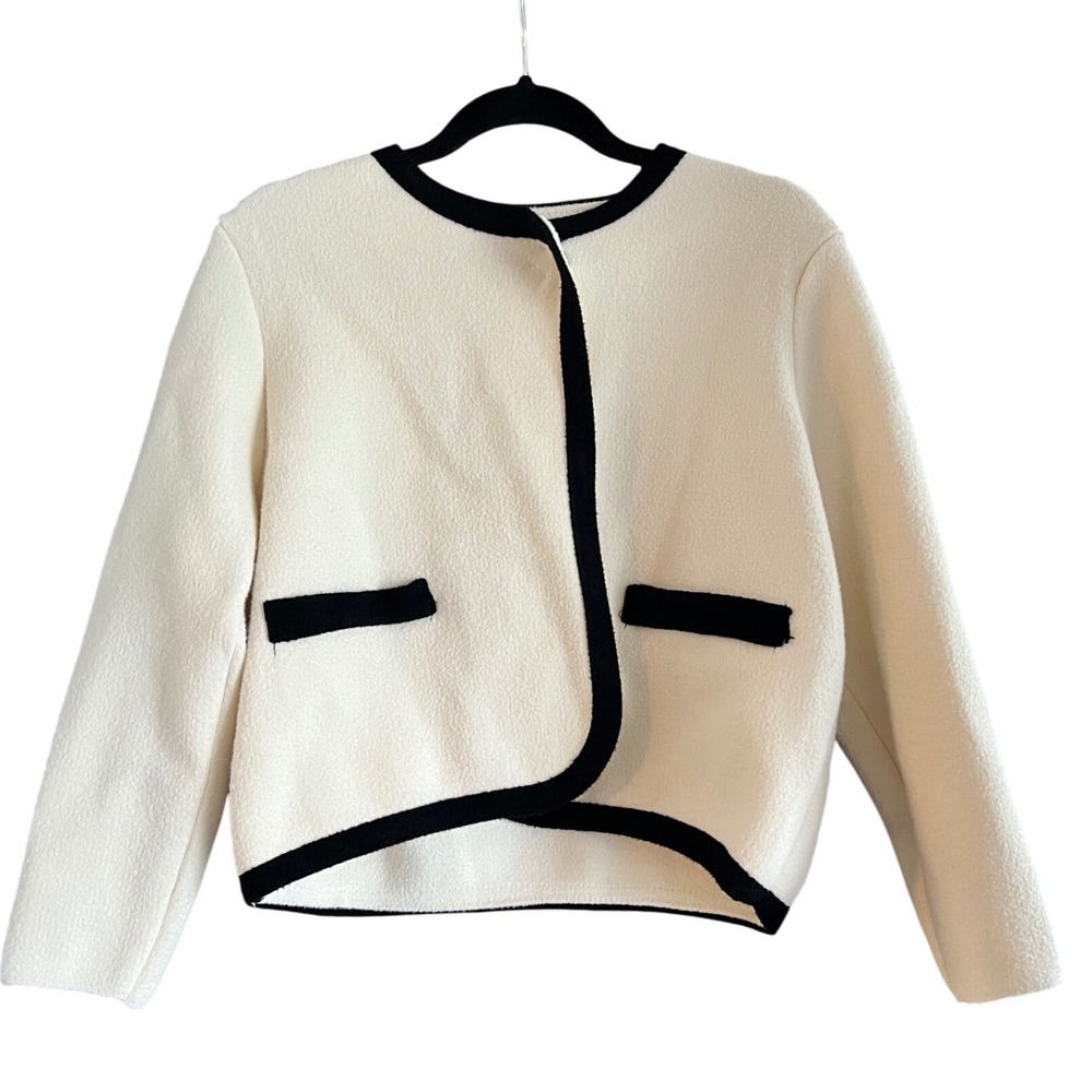 Cream Boucle Jacket Women's Black Trim Buttonless Sweater Blazer